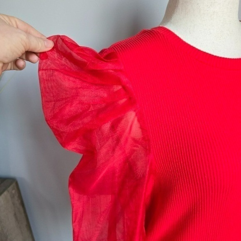 Anthropologie NEW Dolan Organza Red Puff Sleeve Top Blouse SZ XL Dark Coquette - Picture 8 of 13